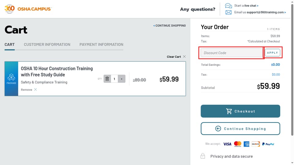 360 Training checkout page showing the Discount Code field and APPLY button