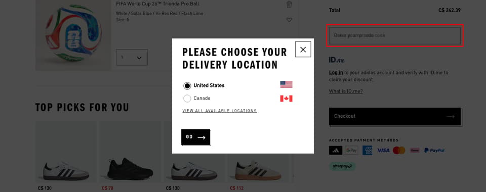 adidas Canada checkout page showing the Enter your promo code field and APPLY button