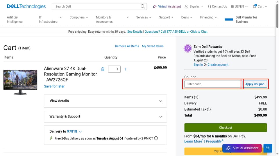 Alienware checkout page showing the Enter code field and Apply Coupon button