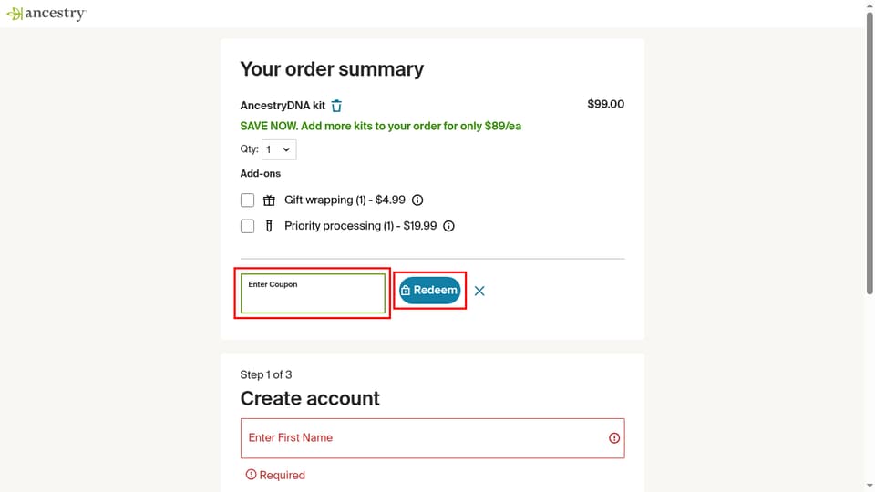 Ancestry.ca checkout page showing the Enter Coupon field and Redeem button