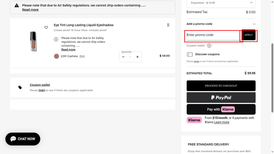 Armani Beauty Canada checkout page showing the Enter promo code field and Apply button
