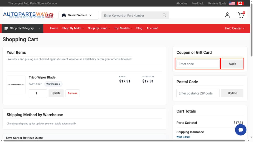 Auto Parts WAY Canada checkout page showing the Enter code field and Apply button
