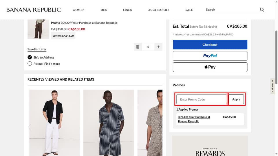 Banana Republic Canada checkout page showing the Enter Promo Code field and Apply button