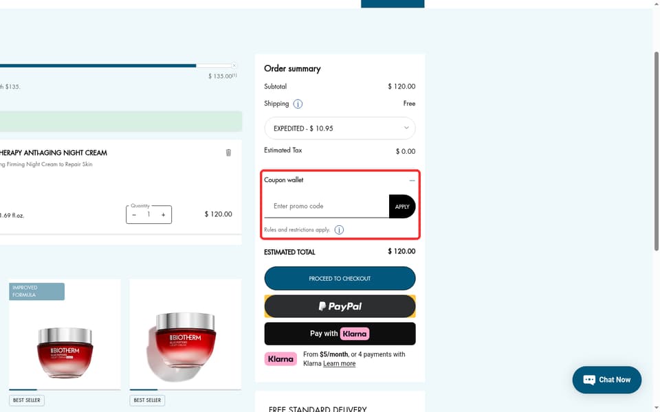 Biotherm Canada checkout page showing the Enter promo code field and Apply button