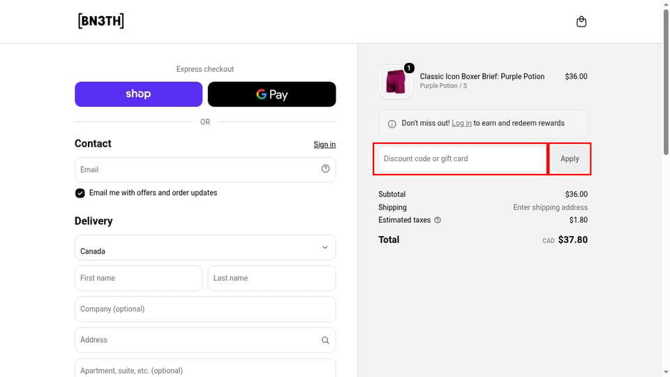 BN3TH Canada checkout page showing the Discount code or gift card field and Apply button