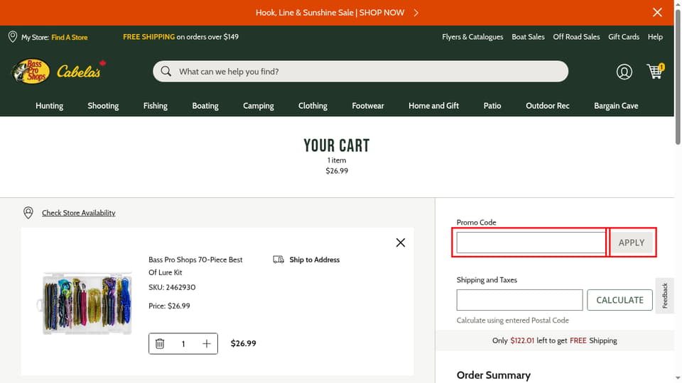 Cabela's Canada checkout page showing the Promo Code field and APPLY button
