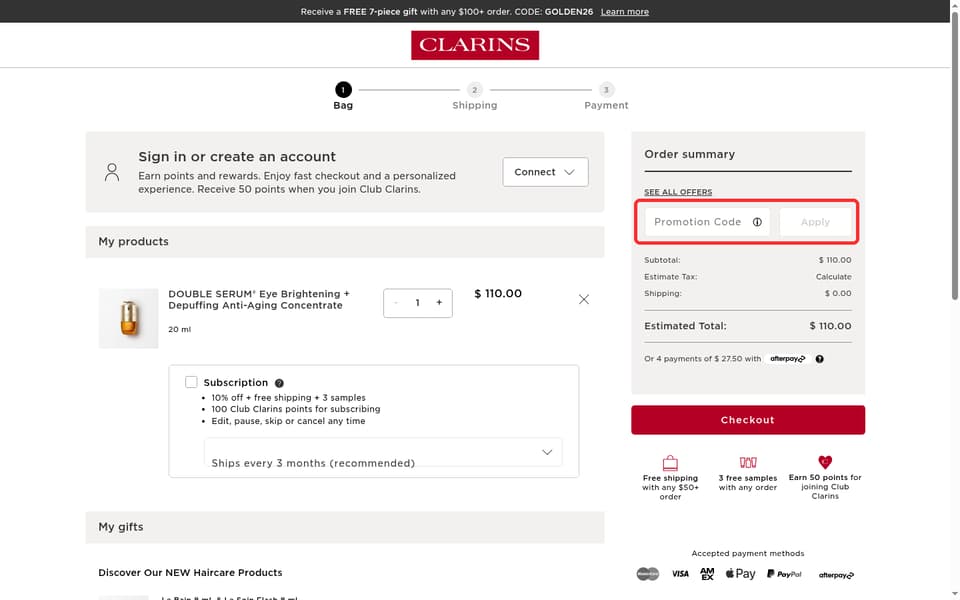 Clarins Canada checkout page showing the Promotion Code field and Apply button