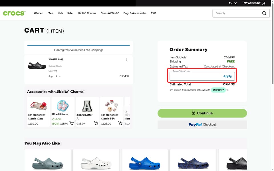 Crocs Canada checkout page showing the Enter Offer Code field and apply button
