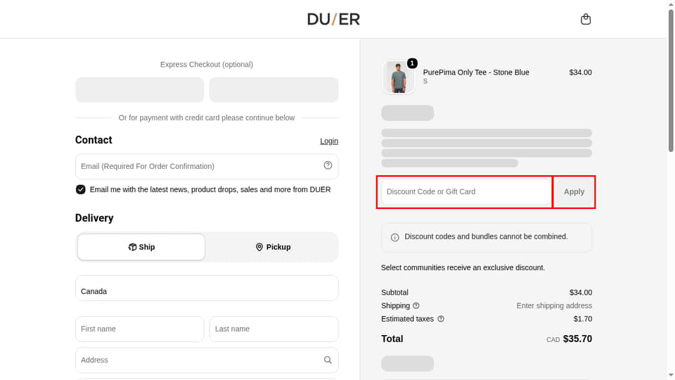 DUER Canada checkout page showing the Discount Code or Gift Card field and Apply button