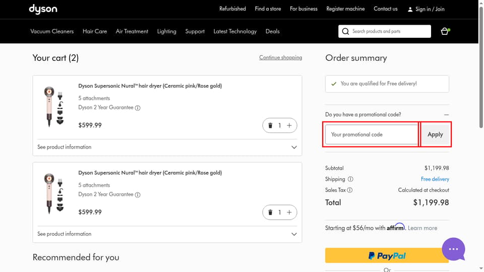 Dyson Canada checkout page showing the Your promotional code field and Apply button