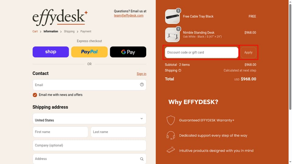 EffyDesk Canada checkout page showing the Discount code or gift card field and Apply button