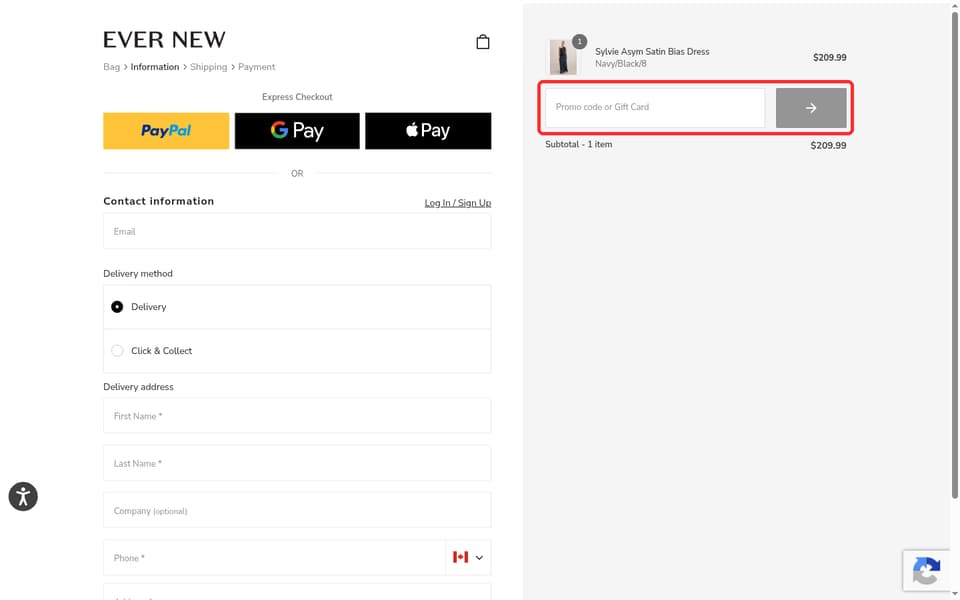 Ever New checkout page showing the Promo code or Gift Card field and → button