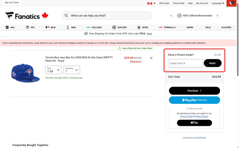Fanatics Canada checkout page showing the Code (Limit 1) field and Apply button