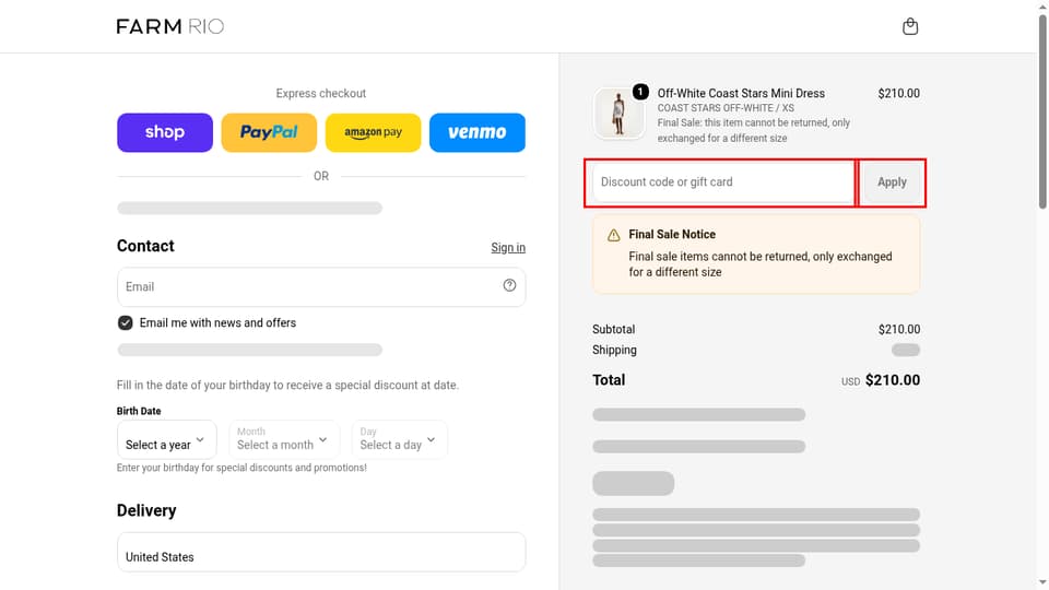 FarmRio checkout page showing the Discount code or gift card field and Apply button