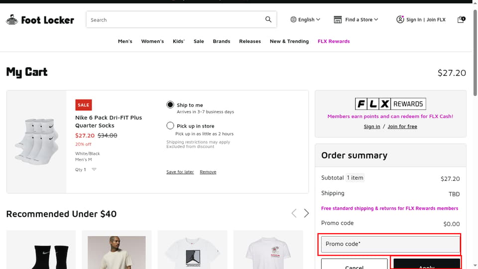 Foot Locker Canada checkout page showing the Promo code* field and Apply button
