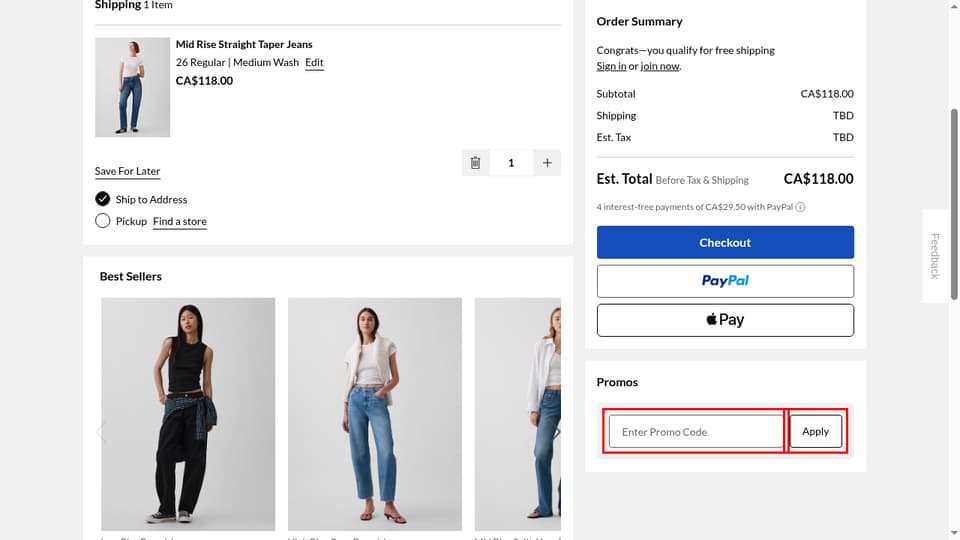 Gap Canada checkout page showing the Enter Promo Code field and Apply button