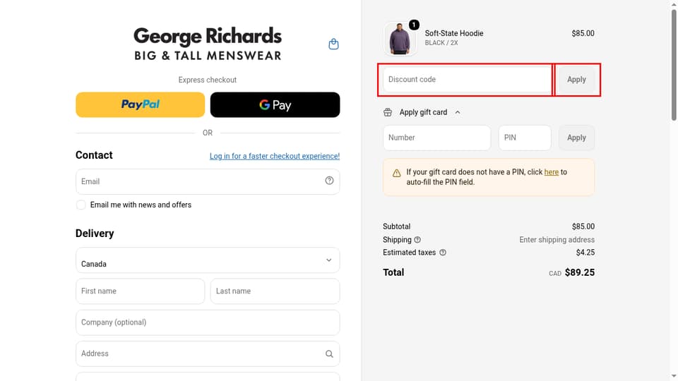 George Richards checkout page showing the Discount code field and Apply button