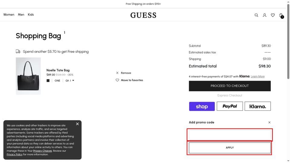 GUESS Factory Canada checkout page showing the Enter Promotion Code field and Apply button