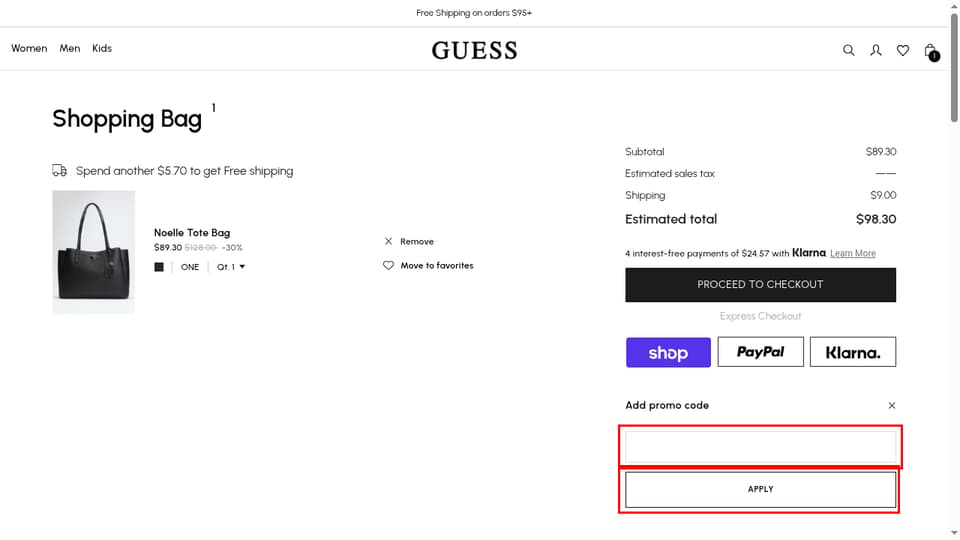 GUESS Factory checkout page showing the Enter Promotion Code field and Apply button