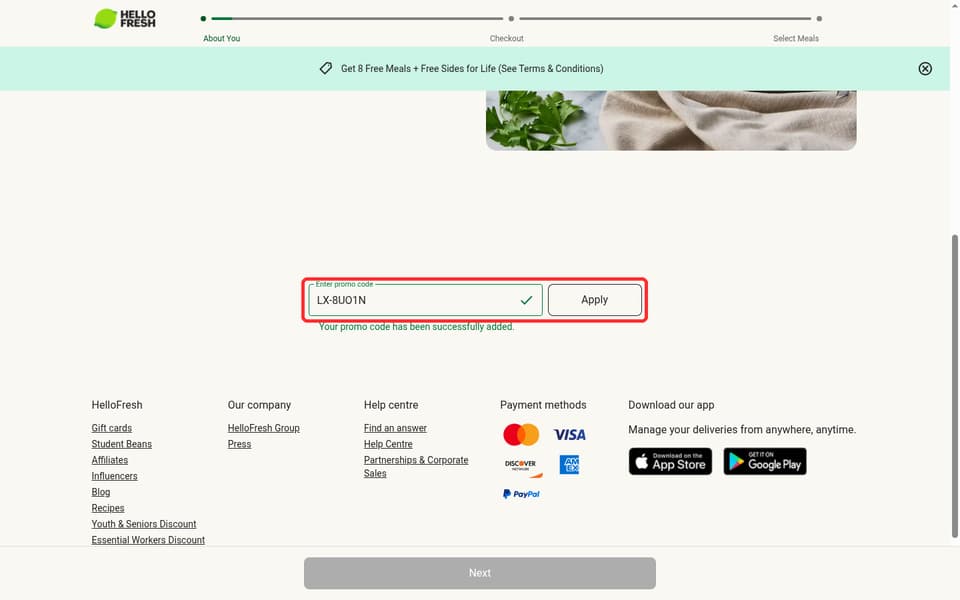 HelloFresh Canada checkout page showing the Enter promo code field and Apply button