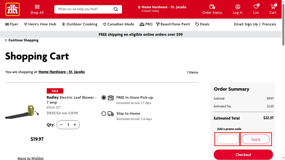 Home Hardware Canada checkout page showing the Add a promo code field and Apply button