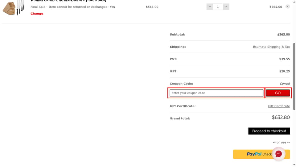 House of Knives checkout page showing the Enter your coupon code field and Go button