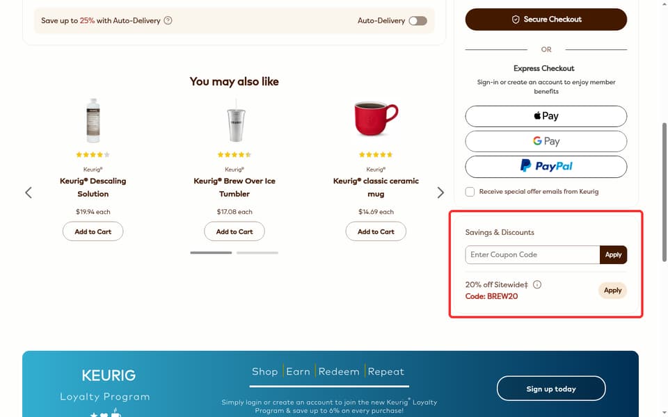 Keurig Canada checkout page showing the Enter Coupon Code field and Apply button