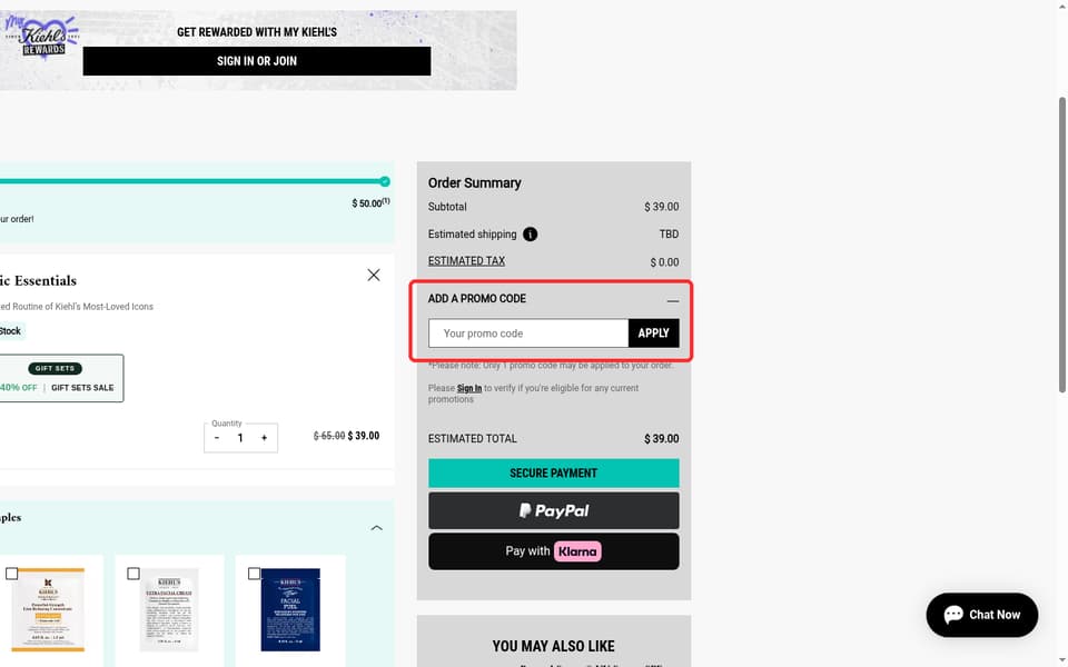 Kiehl's Canada checkout page showing the Your promo code field and Apply button