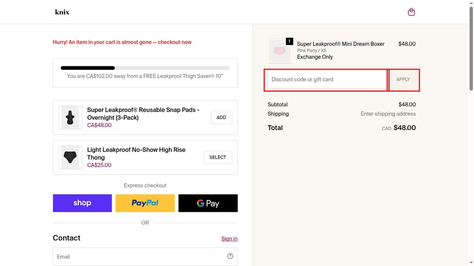 Knix Canada checkout page showing the Discount code or gift card field and Apply button