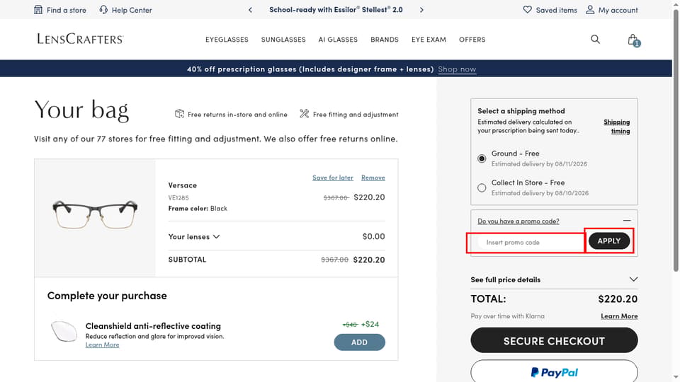 LensCrafters Canada checkout page showing the Insert promo code field and Apply button
