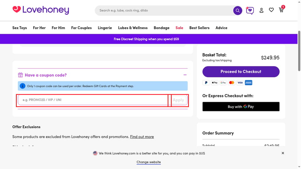 Lovehoney Canada checkout page showing the e.g. PROMO20 / VIP / UNI field and Apply button
