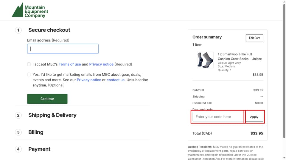 MEC checkout page showing the Enter your code here field and Apply button