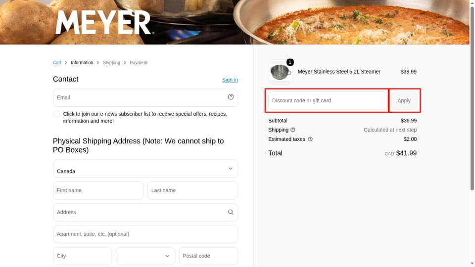 Meyer Canada checkout page showing the Discount code or gift card field and Apply button