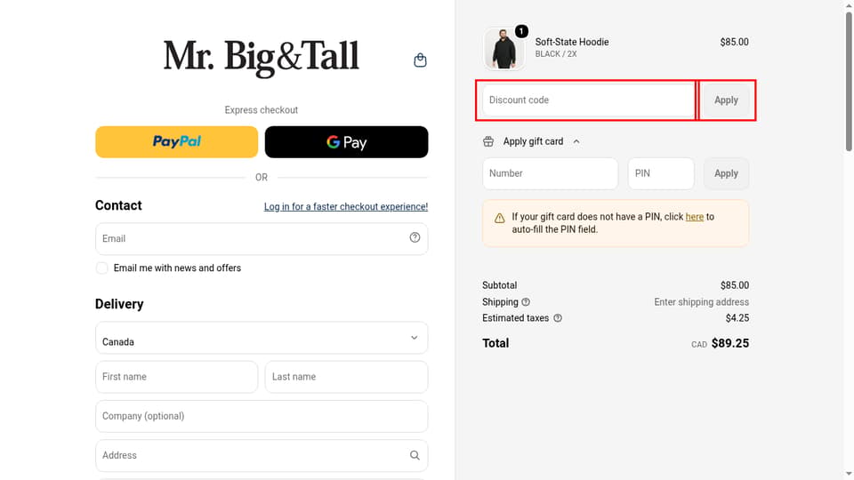Mr. Big & Tall checkout page showing the Discount code field and Apply button