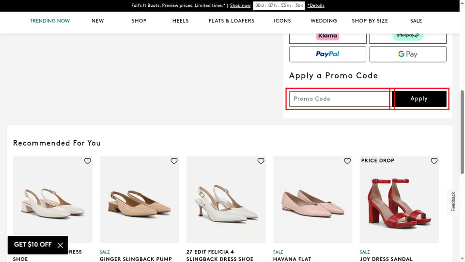 Naturalizer Canada checkout page showing the Promo Code field and Apply button