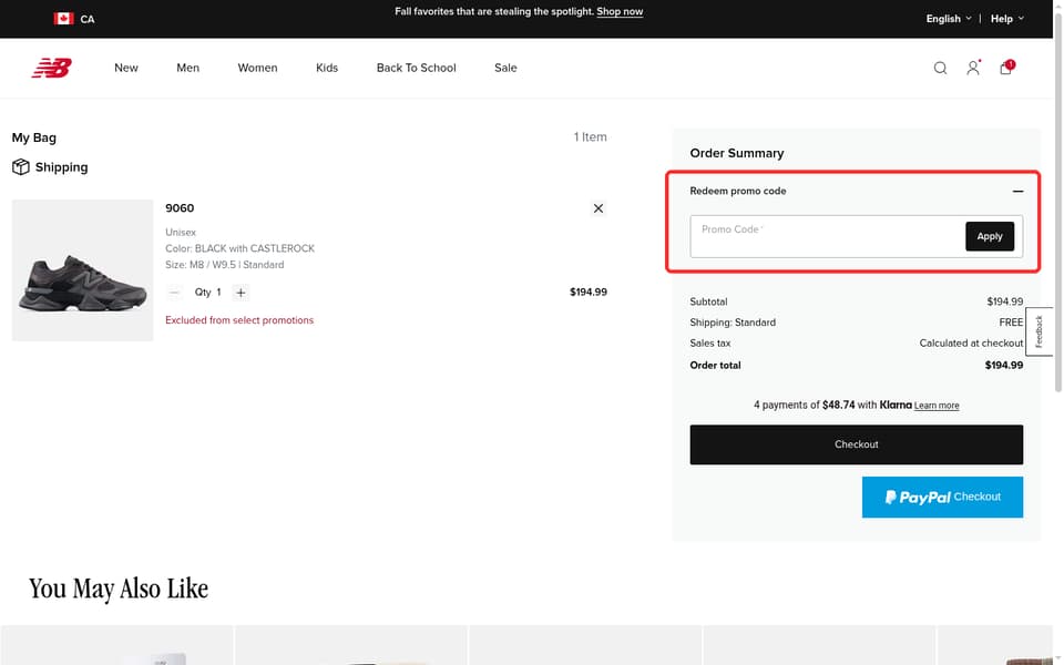 New Balance Canada checkout page showing the Promo Code field and Apply button