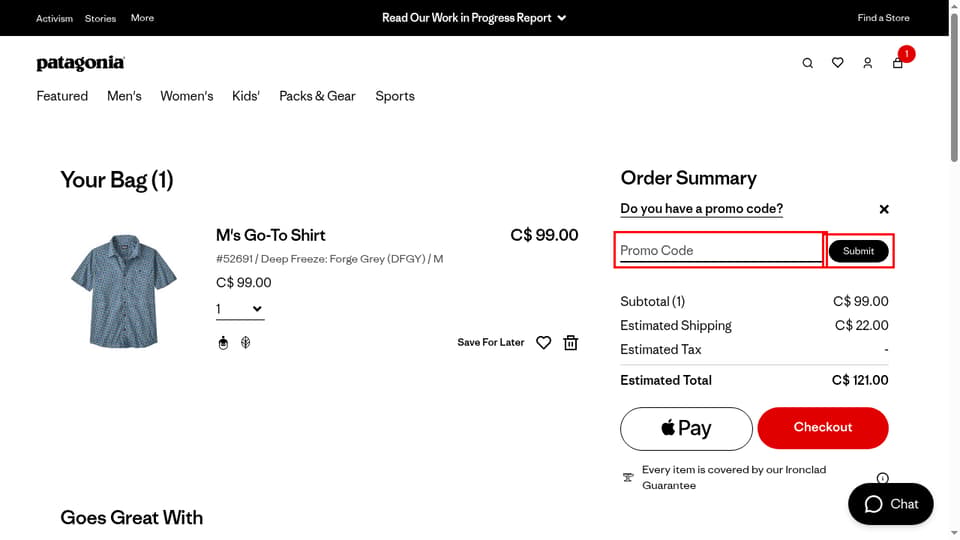Patagonia Canada checkout page showing the Promo Code field and Submit button