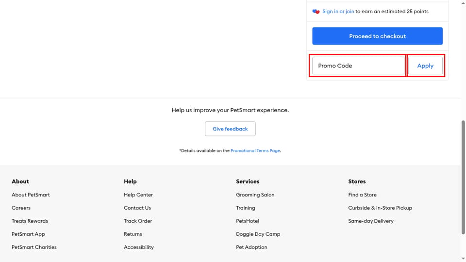 PetSmart Canada checkout page showing the Promo Code field and Apply button