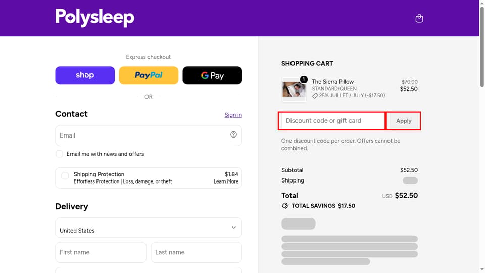 Polysleep Canada checkout page showing the Discount code or gift card field and Apply button