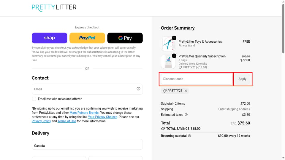 PrettyLitter Canada checkout page showing the Discount code field and Apply button
