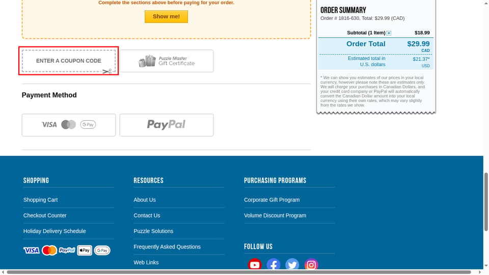 Puzzle Master checkout page showing the ENTER A COUPON CODE field and Apply button