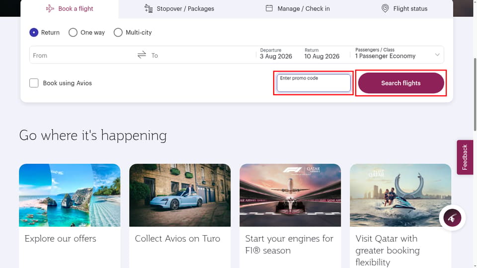 Qatar Airways checkout page showing the Enter promo code field and Search flights button