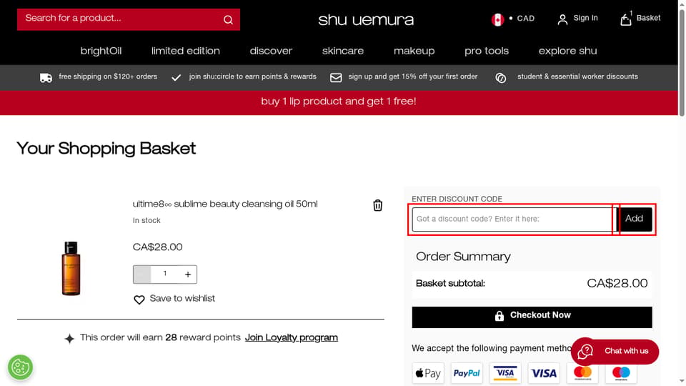 Shu Uemura Canada checkout page showing the Got a discount code? Enter it here: field and Add button