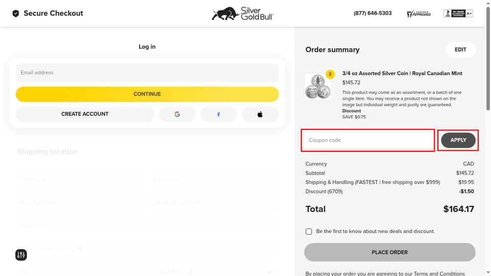 Silver Gold Bull checkout page showing the Coupon code field and Apply button
