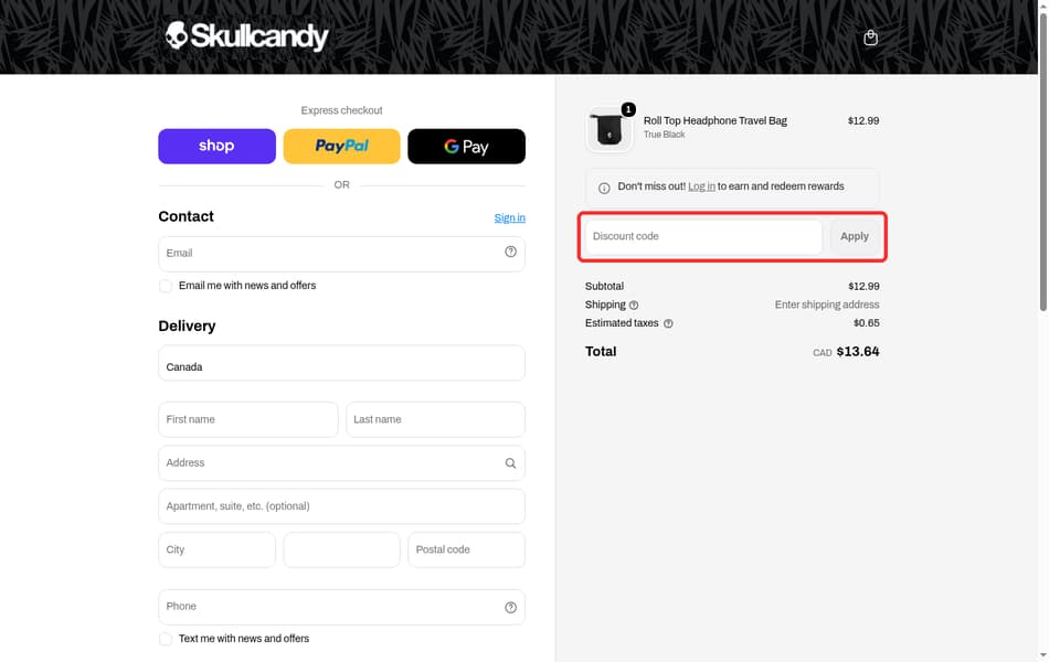 Skullcandy Canada checkout page showing the Discount code field and Apply button