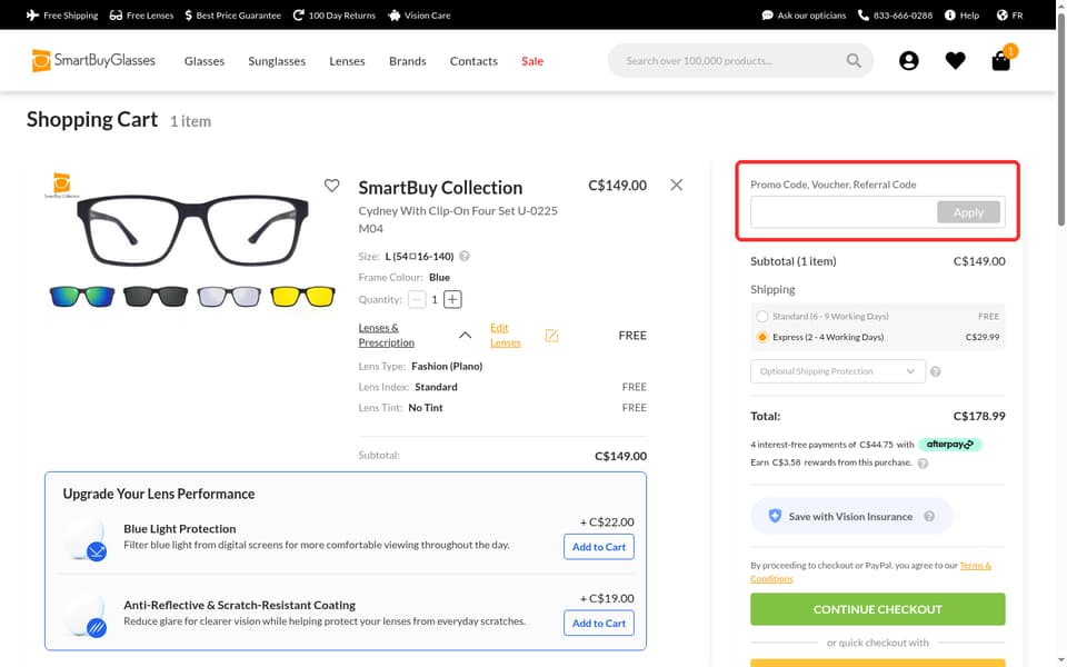 SmartBuyGlasses Canada checkout page showing the Promo Code, Voucher, Referral Code field and Apply button
