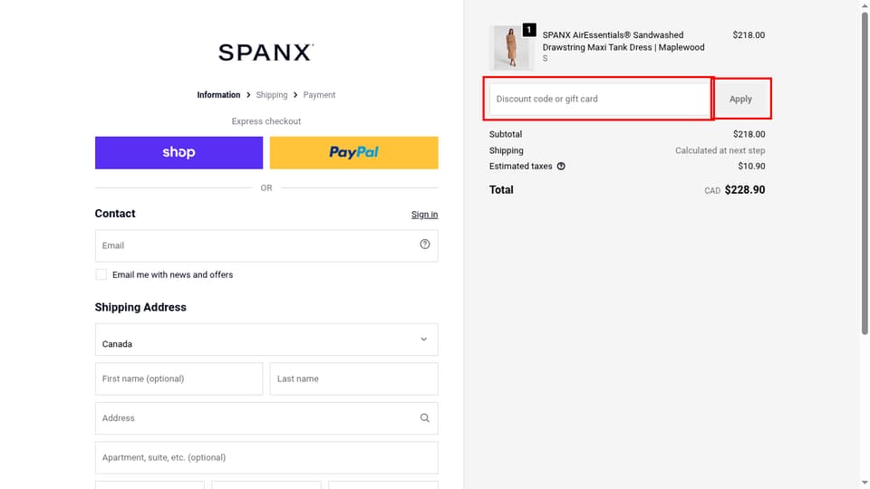 Spanx Canada checkout page showing the Discount code or gift card field and Apply button