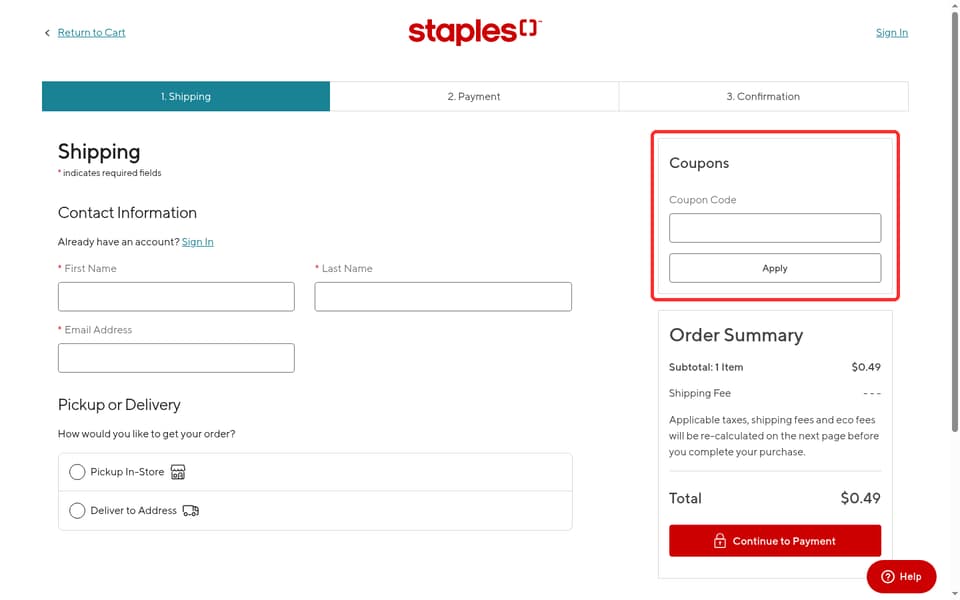 Staples Canada checkout page showing the Coupon Code field and Apply button