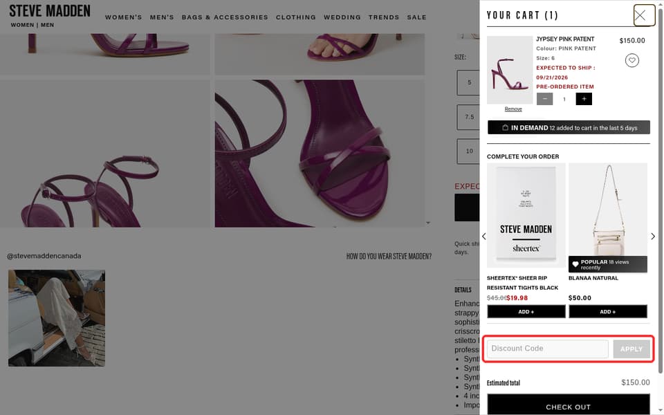 Steve Madden Canada checkout page showing the Discount Code field and Apply button