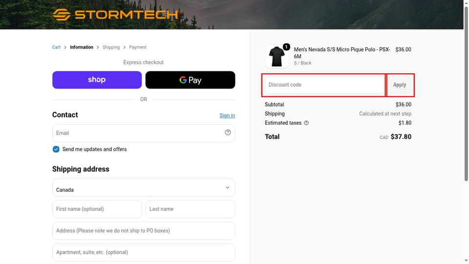 STORMTECH Canada checkout page showing the Discount code field and Apply button